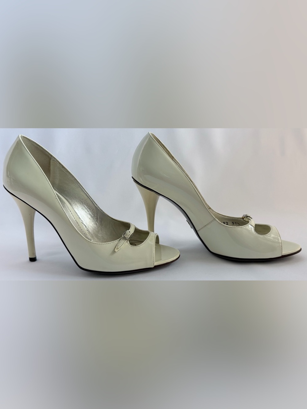 Dolce & Gabbana Vintage Y2K Ivory Patent Leather Peep Toe Buckle Pumps 37.5